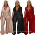 Top Quality Fall Autumn Elegant Evening Luxury Sequin Jumpsuit Woman Club Bodysuit Ladies with Sleeves Jumpsuit Wide Legs Pants